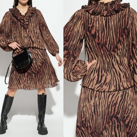 NWT Ganni | Pleated Georgette Blouse In Tiger's Eye - Picture 16 of 16